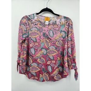 Ruby Rd. Petite Small Blouse Top Pink Parrot Print‎ Long Sleeve Tie Cuff Boho